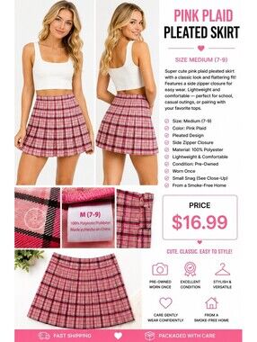 Women's Pink Plaid Pleated Short Skirt Polyester Lightweight Side Zip M 7-9